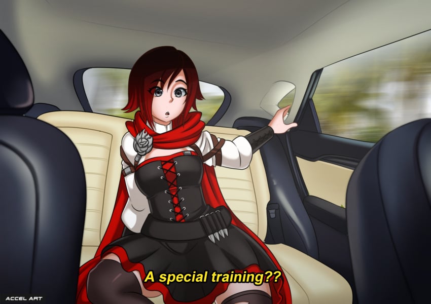 accelart big_breasts breasts clothed clothing fake_taxi female female_protagonist human imminent_rape oblivious red_hair ruby_rose rwby silver_eyes sitting sitting_on_chair skirt talking taxi teenager thick_thighs thighhighs