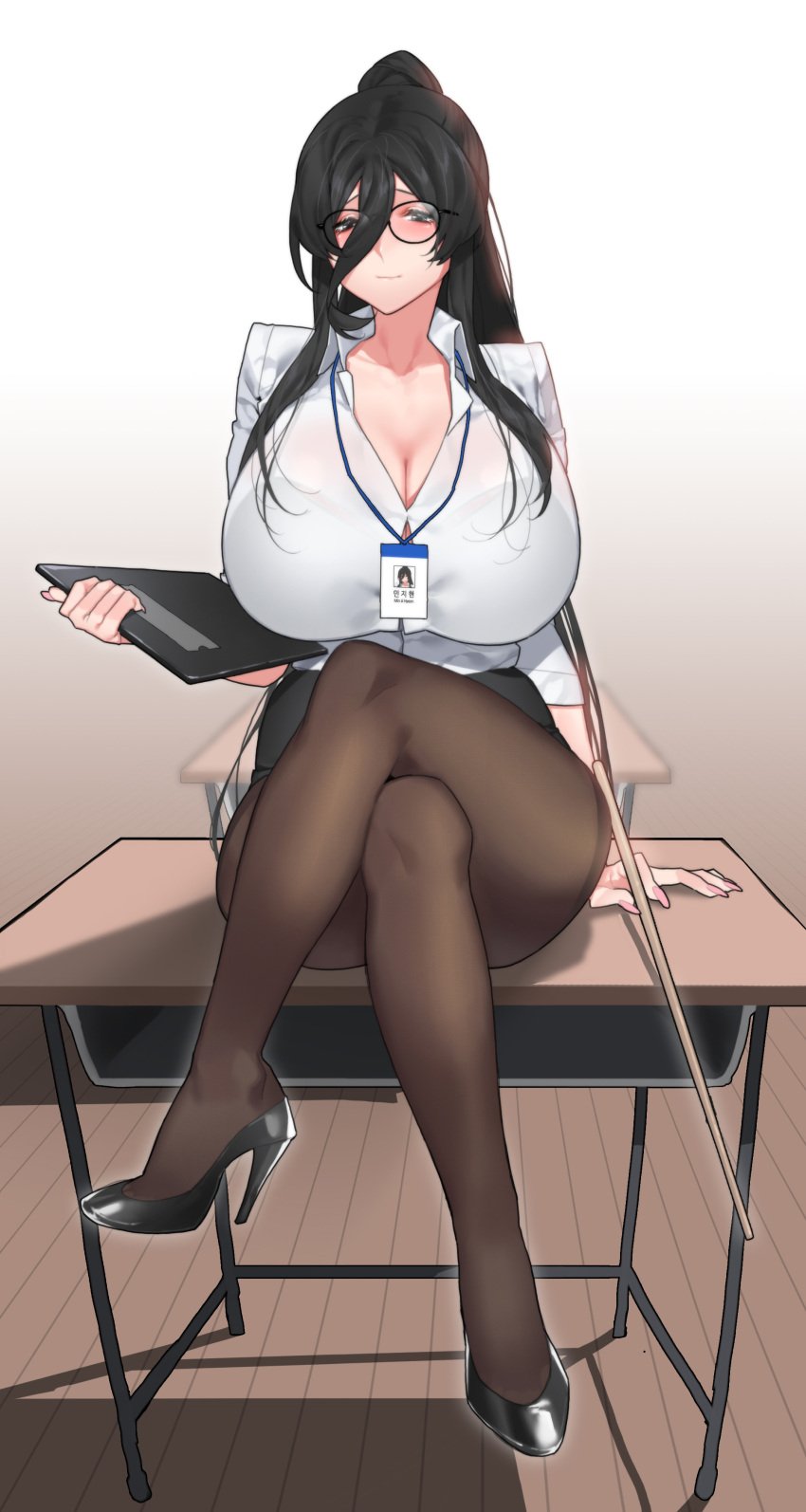 1girls black_hair crossed_legs fully_clothed glasses heels high_heels huge_breasts mimyo original pantyhose ponytail see-through_clothing see-through_top sitting_on_desk solo solo_female tagme teacher