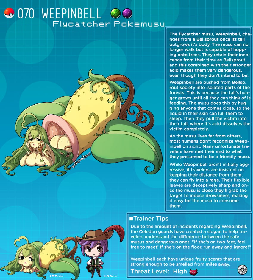 :3 creature_index english_text hi_res humanized kinkymation nintendo page_70 page_number plant_girl pokémon_(species) pokemon pokemon-girl_encyclopedia pokemorph pokemusu profile text text_box text_focus weepinbell