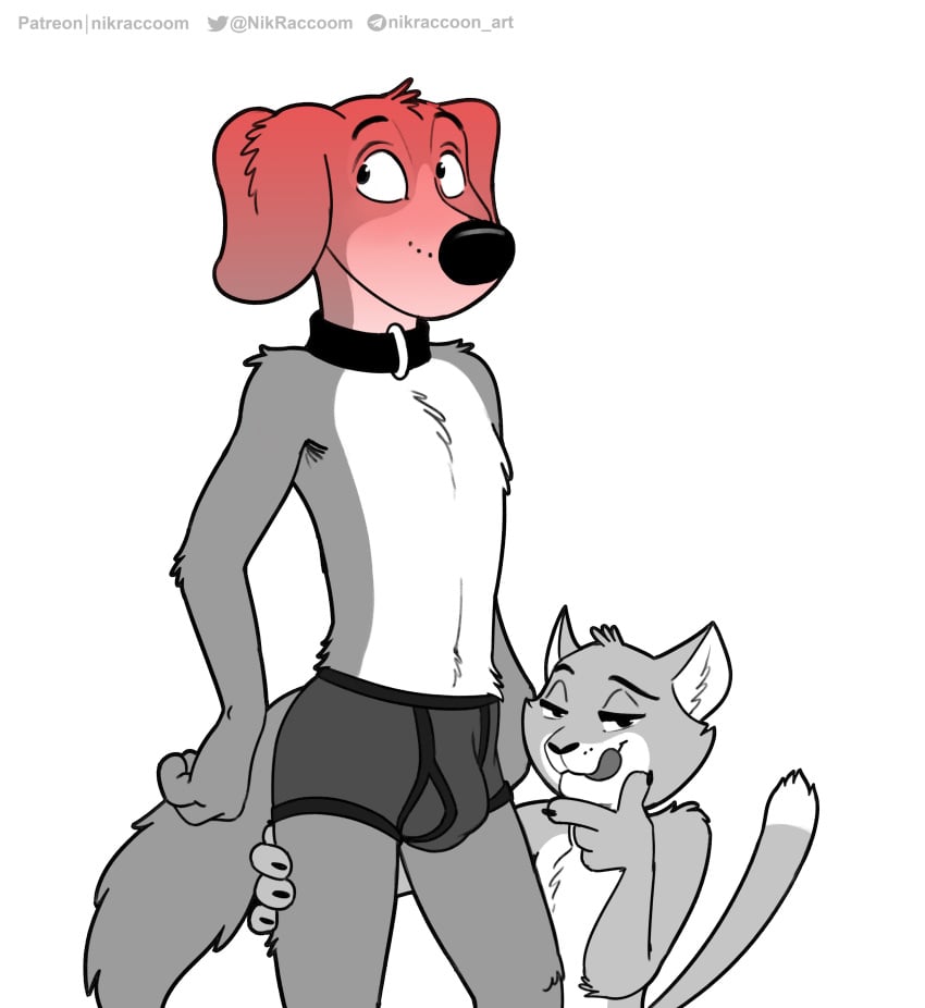 2021 absurd_res anthro anthro_on_anthro blush bulge canid canine canis clothing collar domestic_cat domestic_dog duo felid feline felis flustered greyscale hi_res koira_(nik159) licking licking_lips licking_own_lips looking_at_viewer looking_away male male/male mammal monochrome narrowed_eyes nik159 self_lick simple_background smile smirk standing text tongue tongue_out tonka_(nik159) underwear url white_background