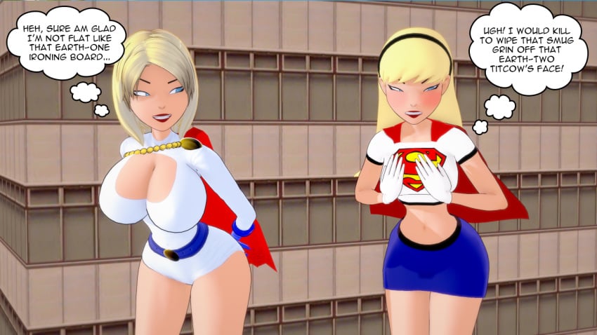 2girls 3d big_breast_humiliation big_breasts blonde_hair blue_eyes bottomwear breast_comparison breast_envy breast_size_difference breasts cartoon_network cleavage clothing counterpart dc dc_comics dcau english_text female female_only handwear huge_breasts jealous kara_danvers kara_zor-el kara_zor-l karen_starr large_breasts linda_danvers lipstick long_hair misunderstoodsecrets power_girl small_breast_humiliation small_breasts smile smirk supergirl superheroine superman_(series) text thought_bubble toonami topwear