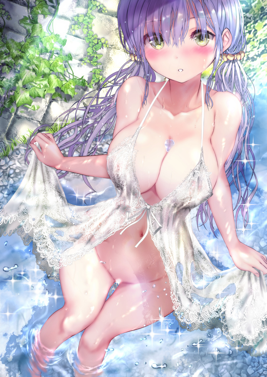 bottomless censored dress hair ogata_tei see_through skirt_lift summer_dress wet wet_clothes