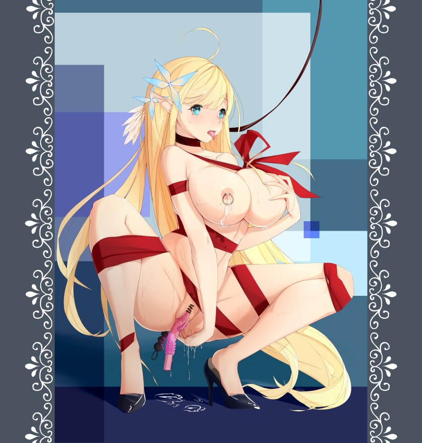 ahegao ahoge azur_lane blonde_hair blue_eyes bondage centaur_(azur_lane) high_heels nipple_piercing pointy_ears whatwine