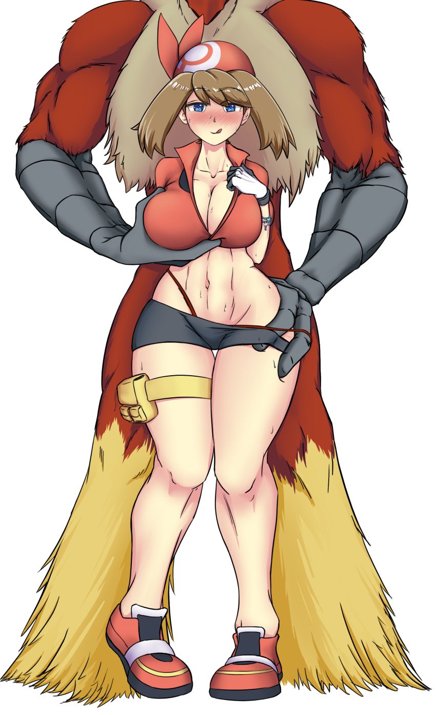 1boy 1girls abs anthro blaziken bowsey breast_grab busty cleavage female female_human femsub fit_female groping_breasts groping_from_behind human licking_lips male/female male_blaziken male_pokemon male_pokemon/female_human maledom may_(pokemon) midriff pokemon pokemon_(species) pokephilia teenager thong