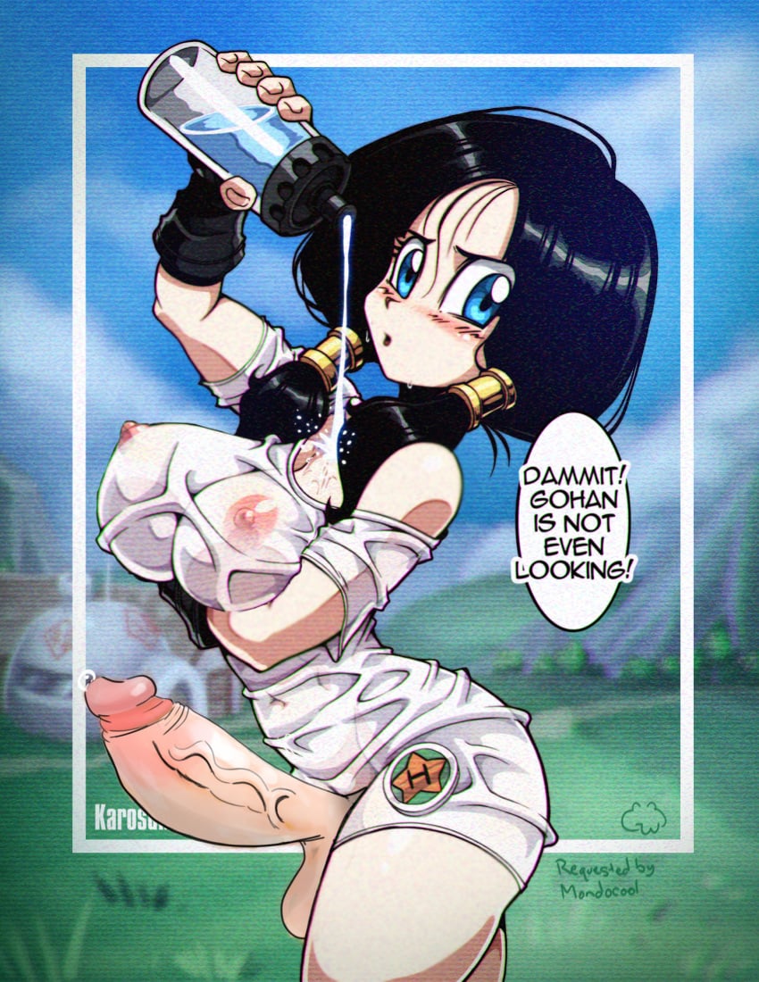 1futa alternate_breast_size areola_bulge areolae arm_under_breasts balls big_breasts big_penis black_hair blue_eyes blush bottle bottomless casual clothing collarbone dialogue dickgirl dragon_ball dragon_ball_z edit electronics erect_penis erection exposed_balls exposed_penis fingerless_gloves futa_only futanari futanari_edit gloves goofywerm holding_object huge_cock human intersex karosu-maker large_penis long_penis no_bra no_eyewear off_shoulder outside pale_skin penis penis_out penis_under_shirt posing pouring pouring_on_breasts pouring_on_self precum_bubble precum_on_penis seductive see-through see-through_clothing shirt shirt_only shounen_jump side_view solo son_gohan speech_bubble standing talking testicles text thick_penis third-party_edit tied_hair veiny_penis videl visible_nipples water wet wet_clothes