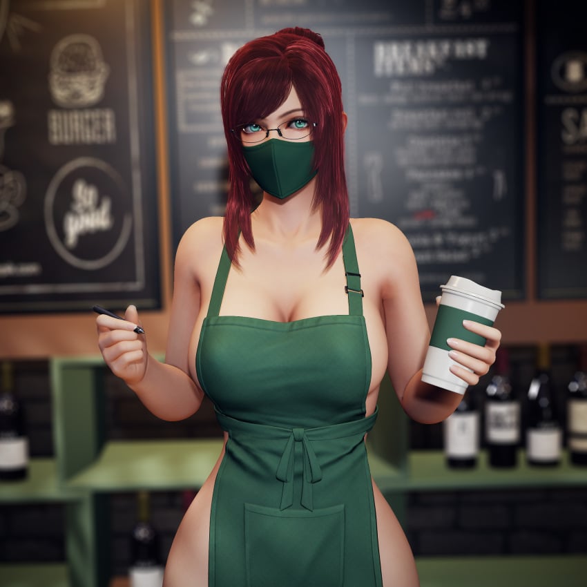 1girls 3d 3d_(artwork) apron apron_only barista big_breasts blurry_background breasts brown_hair casual cleavage coffee coffee_cup eyewear face_mask facewear fast_food female female_only glasses green_eyes hair_bun hi_res hips holding_object human iced_latte_with_breast_milk indoors large_breasts looking_at_viewer mask meme menu mouth_mask naked_apron outerwear pale_skin partially_clothed primrose public ryanreos sideboob uniform wide_hips