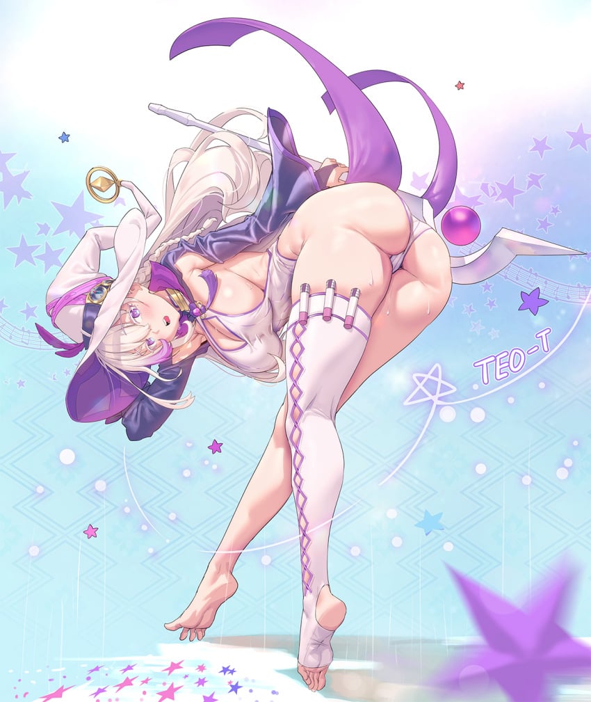 arm_up ass barefoot bent_over big_ass braid breasts bridal_gauntlets bright_pupils cleavage commission feet female fingerless_gloves from_behind full_body gloves hat highleg highleg_leotard highres huge_ass large_breasts leotard long_hair magical_girl mole mole_under_eye muloli open_mouth original purple_eyes rostina_cosmos second-party_source side_braid sideboob single_thighhigh soles staff star_(symbol) stirrup_legwear sweat thick_ass thick_hips thick_thighs thighhighs thighs toeless_legwear toes white_hair witch_hat