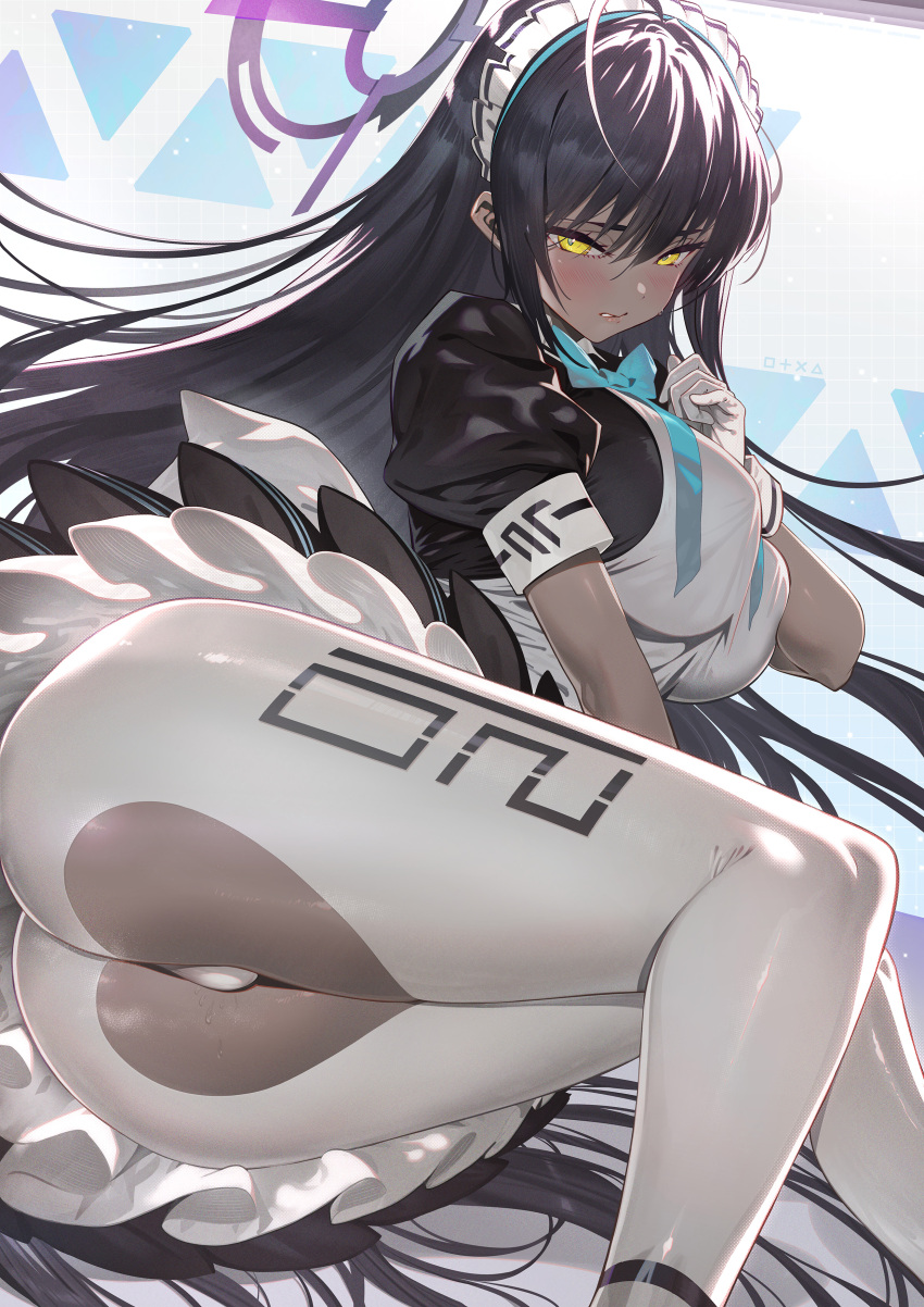 ass ass_focus blue_archive blush breasts cleaning_&_clearing_(blue_archive) crotchless crotchless_legwear crotchless_pants crotchless_pantyhose dark-skinned_female dark_skin embarrassed female female_focus female_only karin_(blue_archive) legwear lying lying_on_side maid maid_headdress millennium_science_school_logo_(blue_archive) millennium_science_school_student nipple_bulge nipples_visible_through_clothing panties pants pantyhose shazhiqiao sideboob simple_background tight_pants white_legwear white_panties white_pants white_pantyhose yellow_eyes