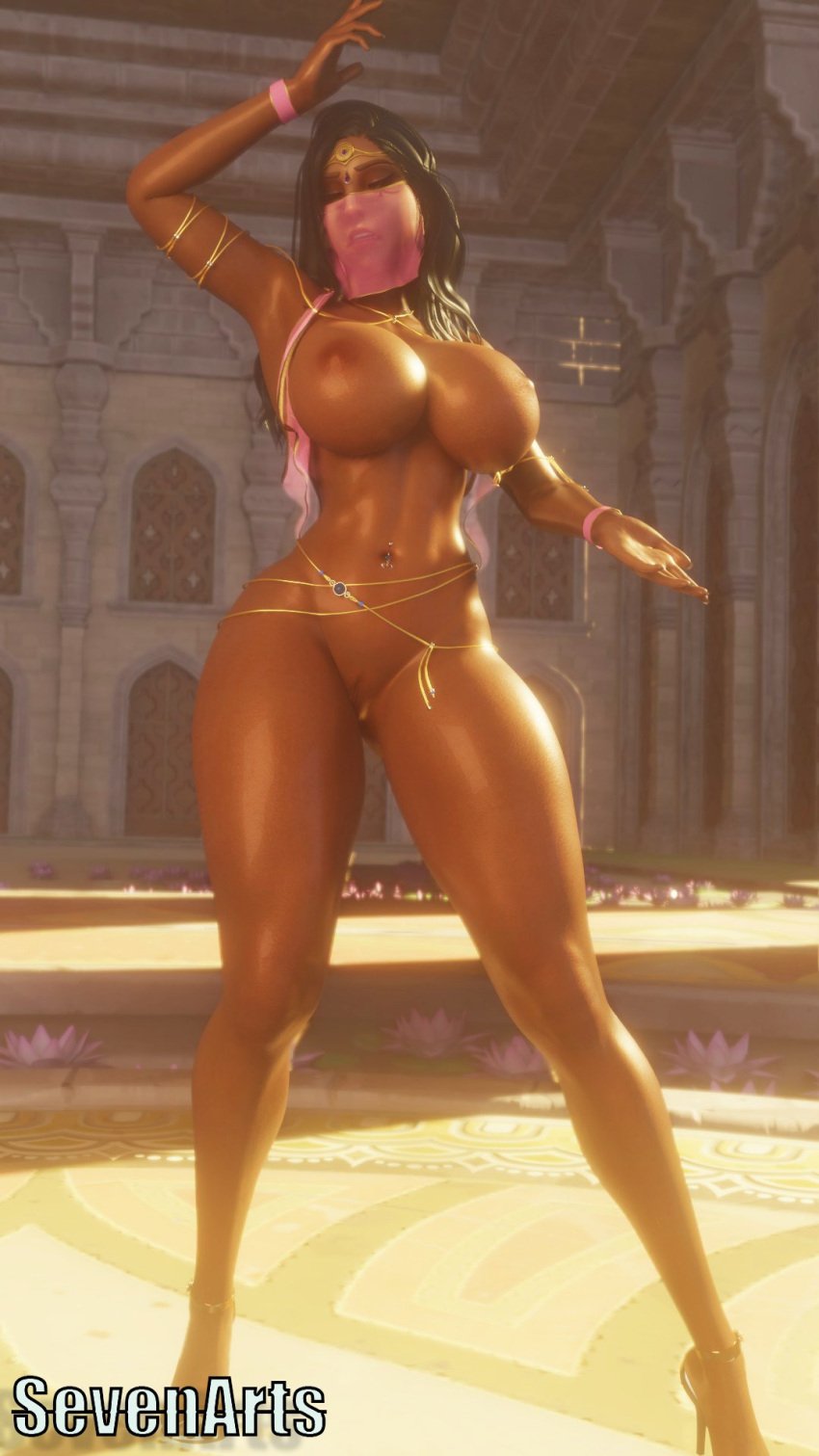 3d ana_amari areola belly_dancer big_breasts black_hair blender blizzard_entertainment dancer dark-skinned_female dark_skin female female_only forehead_jewel harem_girl harem_outfit high_heels huge_breasts jewelry large_breasts long_hair overwatch partially_clothed pussy sevenarts shaved_pussy shiny_skin thesevenartsx thick_thighs vagina voluptuous wide wristband