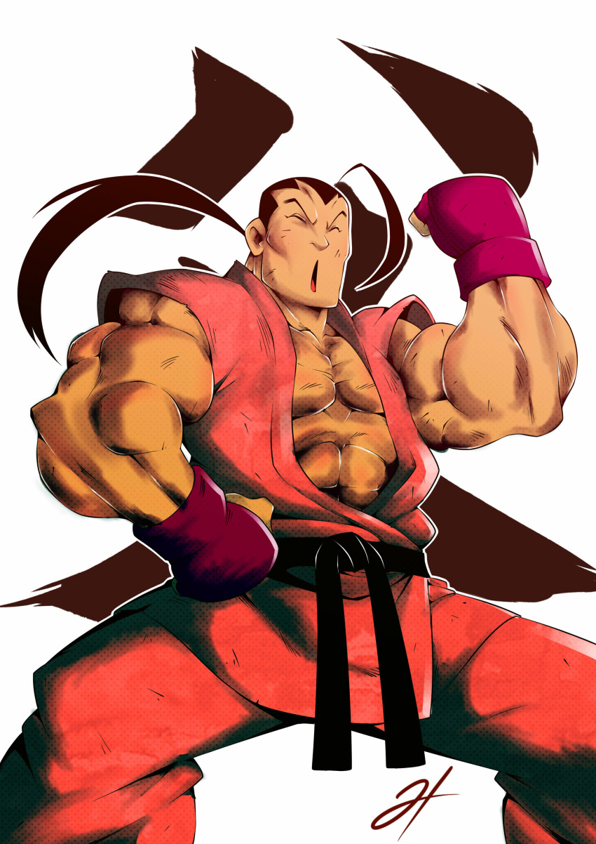 1boy abs ansatsuken bara buff capcom dan_hibiki male_only muscular muscular_male posing safe signature simple_background solo_male street_fighter symbol tagme unknown_artist white_background wide_eyed