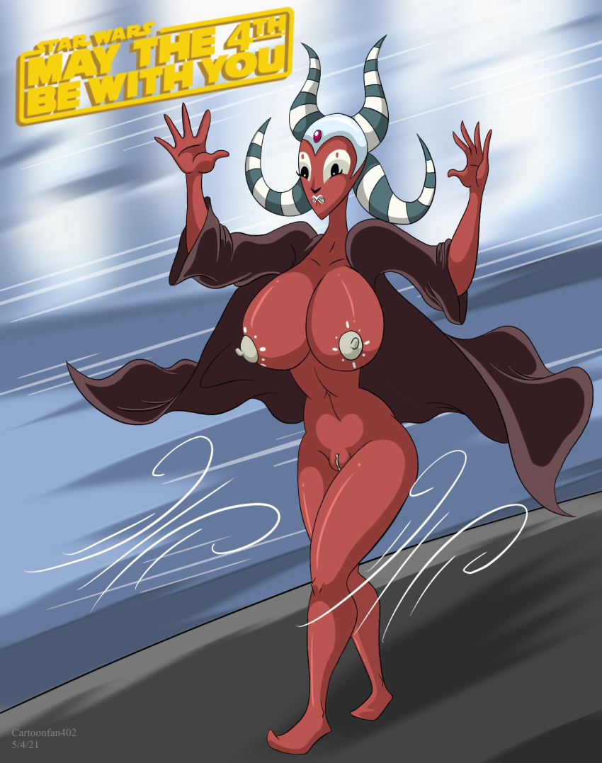 1girls alien arms_up big_breasts black_eyes breasts cartoonfan402 cloak clone_wars clone_wars_(2003) clothing coruscant embarrassed embarrassed_nude_female exhibition exhibitionism facial_markings female female_only humanoid nude on_roof open_clothes outdoors partially_clothed pussy red_skin shaak_ti solo standing star_wars star_wars_day teeth teeth_clenched text togruta train vehicle walking wardrobe_malfunction white_lips white_nipples white_pupils white_vulva wind wind_lift