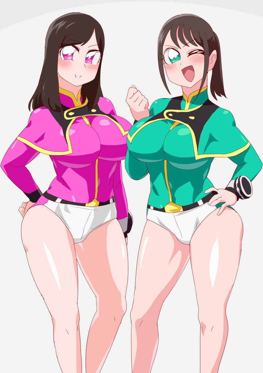 2021 2girls aged_up big_legs breasts brown_hair green_eyes green_shirt highres logo looking_at_viewer mashin_sentai_kiramager multiple_girls ooharu_sayo otokam1117 panties pink_eyes pink_shirt red_cheeks sayo_ooharu sena_hayami super_sentai tokusatsu watch white_body wink