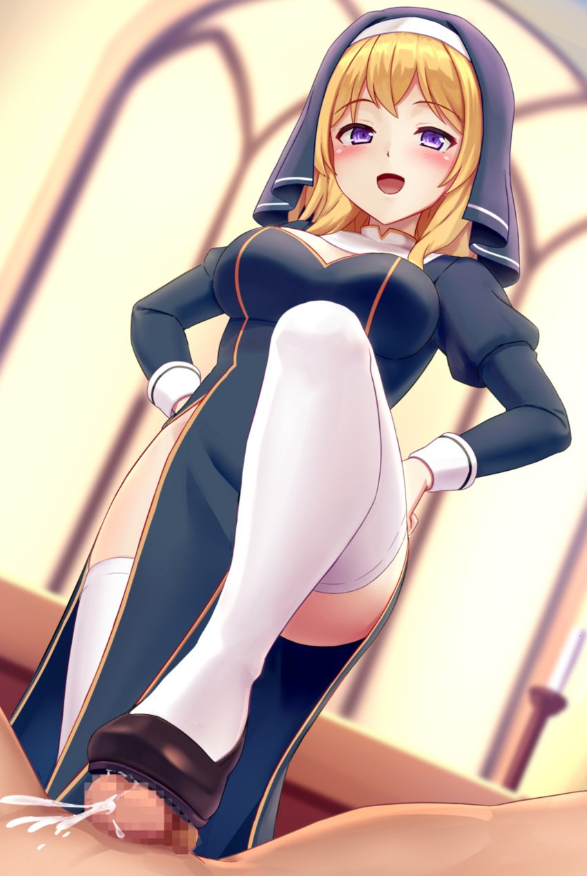 1boy 1girls absurdres blonde_hair blue_eyes bondage feet female femdom footjob highres light-skinned_female light-skinned_male light_skin nun original penis sadism sakurano_yukke shoejob shoes stepped_on stomping straight trample