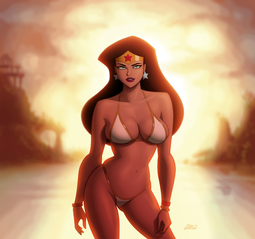 1girls absurd_res beach big_breasts bikini black_hair blue_eyes breasts curvaceous curvy curvy_female dc_comics dcau diana_prince drew_gardner earrings exposed exposed_shoulders exposed_thighs exposed_torso female female_only hi_res hourglass_figure justice_league long_hair midriff mostly_nude mostly_nude_female solo solo_female sunset superheroine tiara very_high_resolution voluptuous woman wonder_woman wonder_woman_(series)