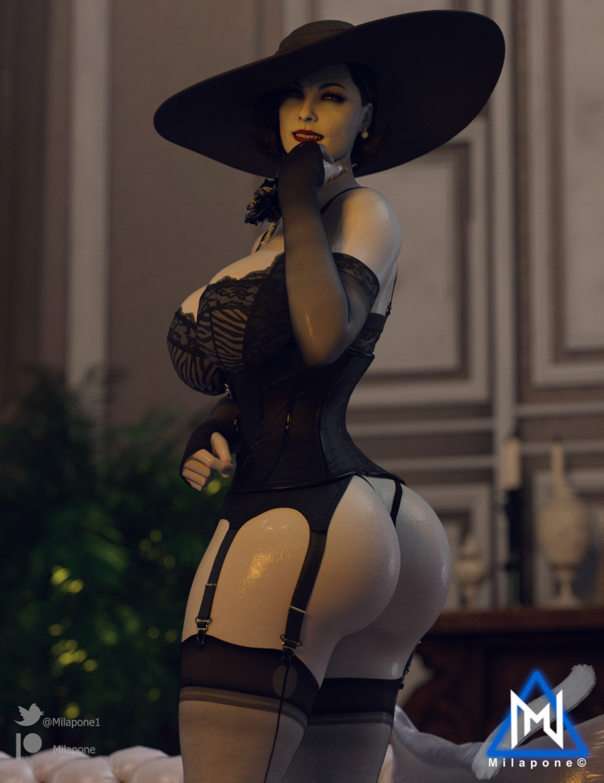 3d alcina_dimitrescu ass_floss big_ass big_breasts black_g-string black_lingerie black_panties black_stockings black_thong black_underwear bustier busty curvy elbow_gloves g-string garter_belt garter_straps hat huge_breasts lingerie milapone milf pale_skin panties resident_evil resident_evil_8:_village stockings thick_thighs thighhighs thong underwear vampire