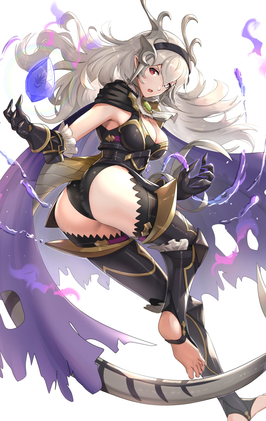 1girls alternate_costume armor ass aura bangs big_ass big_breasts black_armor black_gloves black_leotard breasts cape cleavage commentary_request corrin_(female)_(nohr_noble)_(fire_emblem) corrin_(fire_emblem) corrin_(fire_emblem)_(female) dark_aura dragon_tail dragonstone female fire_emblem fire_emblem_fates fire_emblem_heroes floating floating_object frills gloves gold_trim gonzarez hair_ornament hairband highres horns large_ass leotard long_hair looking_at_viewer looking_back manakete medium_breasts nintendo open_mouth pointy_ears red_eyes shiny shiny_hair silver_hair solo solo_female stone tail thighs toes torn_cape torn_clothes white_background