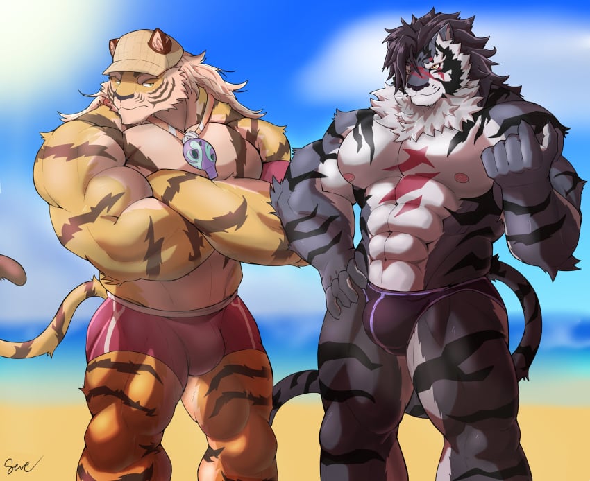 5_fingers abs absurd_res anthro armband bara beach biceps biped black_hair black_nose bulge chest_scar claws clothing colored crossed_arms day duo facial_scar felid fingers fur genital_outline green_eyes grey_body grey_fur grey_tail hair hi_res humanoid_hands lifeguard long_hair male mammal multicolored_body multicolored_fur muscular muscular_anthro muscular_male muscular_thighs nipples orange_body orange_fur orange_tail outside pang_(sdorica) pantherine pecs penis_outline sand scar sdorica sea seaside serenaught short_hair speedo swimming_trunks swimwear tan_body tan_fur tiger triceps two_tone_body two_tone_fur water whistle_(object) yao_(sdorica) yellow_eyes