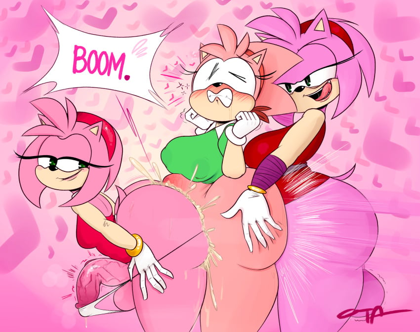 3futas ambiguous_penetration amy_rose amy_rose_(boom) bent_penis bottomless classic_amy_rose cum cum_while_penetrating dick furry futa_on_futa futa_only futanari hands_on_ass hearts licking_lips ota_(artist) sonic_(series) sonic_boom sonic_cd stomach_bulge threesome train_position