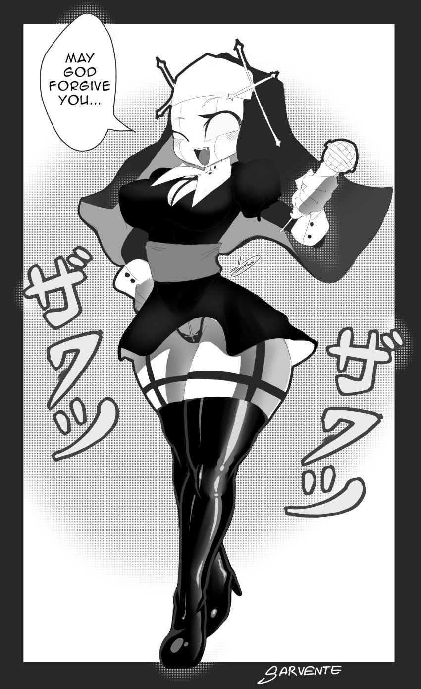 1girls breasts curvy_figure english_text eye_contact female female_only friday_night_funkin gloves greyscale high_heel_boots japanese_text jaynator1 jaynatorburudragon looking_at_viewer mid-fight_masses monochrome sarvente_(dokki.doodlez) solo speech_bubble text thick_thighs thong wide_hips