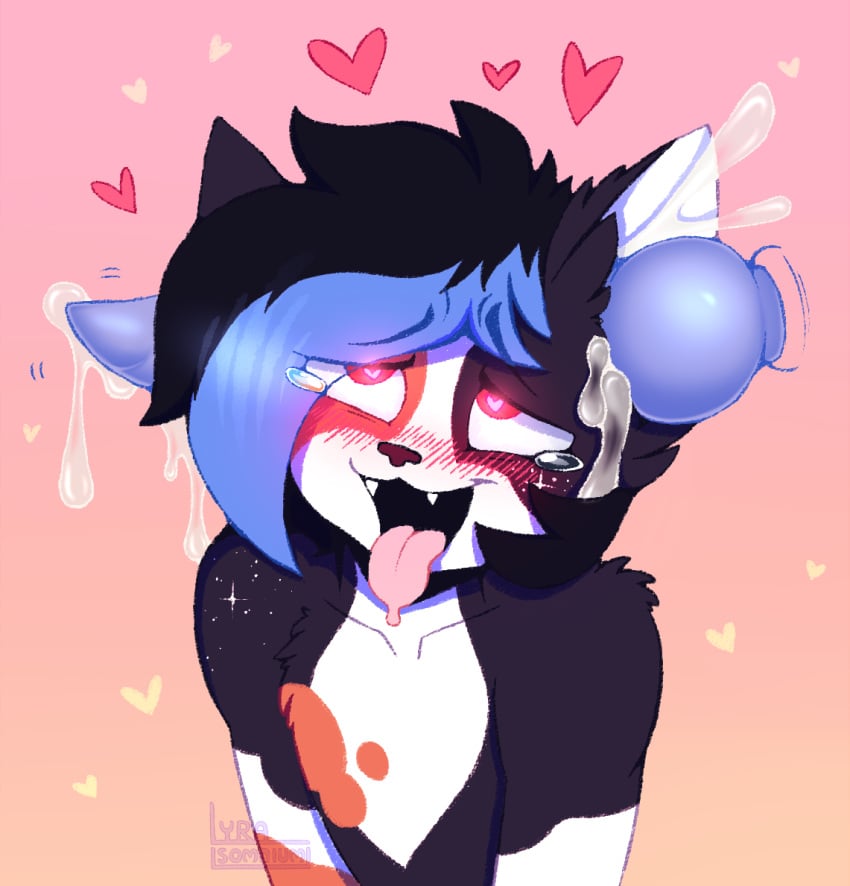 <3_eyes ahe_gao ambiguous_gender anthro black_nose blush bodily_fluids calico_cat crying cum cum_drip cum_in_ear cum_in_ears cum_inside digital_media_(artwork) domestic_cat dripping drooling ear_penetration fangs felid feline felis fucked_silly fur genital_fluids genitals hair heart knot looking_pleasured looking_up lyra_somnium male male_penetrating mammal markings mindfuck mottled multicolored_body multicolored_hair open_mouth penetration penis piebald pink_eyes saliva simple_background skull_flossing smile solo star_marking starry tears teeth tongue tongue_out two_tone_hair white_body white_fur