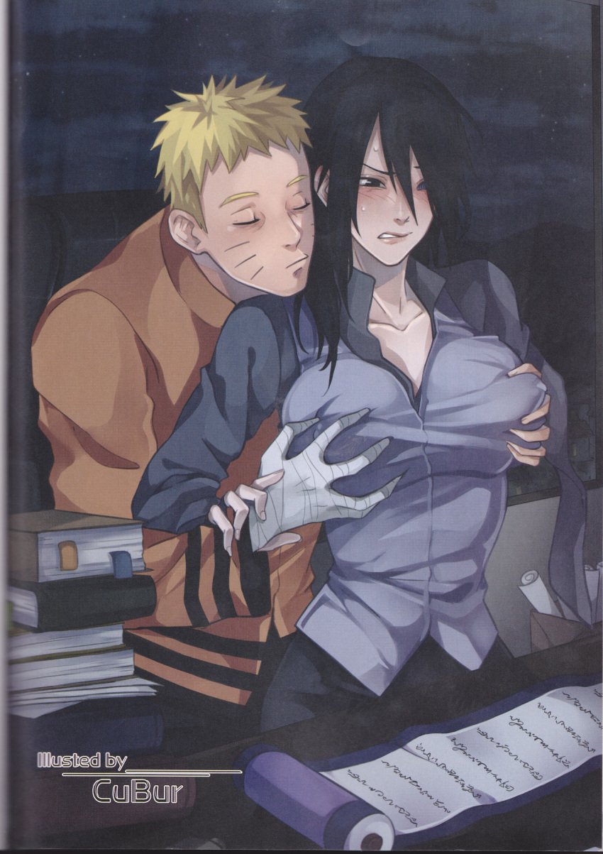 1boy 1girls amputee arm_grab big_breasts black_hair blush boruto:_naruto_next_generations breast_grab breast_squeeze cleavage closed_eyes clothing curvy_figure embarrassed female genderswap_(mtf) groping groping_from_behind heterochromia lipstick makeup male missing_arm naruto naruto_(series) nipples puffy_nipples rinnegan rule_63 sasuke_uchiha sasuko sexy_no_jutsu sitting sitting_on_lap sitting_on_person sweat sweatdrop uzumaki_naruto wholesome yellow_hair