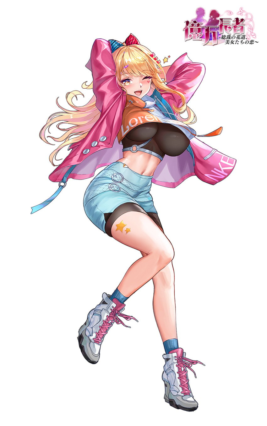 1girls 6699.jp_games ;d arms_behind_head blonde_hair blush breasts character_request crop_top english_text female female_focus female_only flowing_hair game_cg hair_ornament high_heeled_shoes high_waisted_pants japanese_text jumping large_breasts legs logo long_hair looking_at_viewer millionaire-governor's_flower_road_love_of_beautiful_women navel nipple_bulge nipples nipples_visible_through_clothing one_eye_closed orange_eyes ribbon short_shorts shorts sideboob smile star_shaped_pupils tagme tagme_(character) tennis_shoes tsuki_no_i-min underboob unusual_pupils watermark white_background