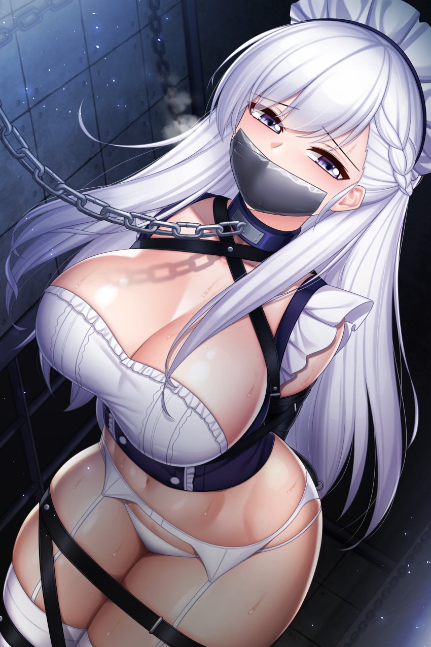 azur_lane belfast_(azur_lane) blue_eyes bondage braid chains cleavage collar dungeon female gag garter_belt headband highres long_hair maid maid_uniform plusout sweat thighhighs white_hair