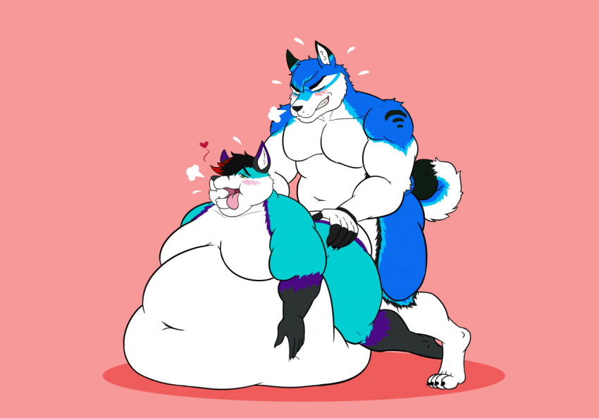 anthro big_ass big_belly big_butt big_thighs blush closed_eyes enjoying furry gay heart holding_belly huff huge_belly huge_belly_button inflation moobs musclegut naked obese overweight overweight_male sex tail tongue_out wolf yaoi