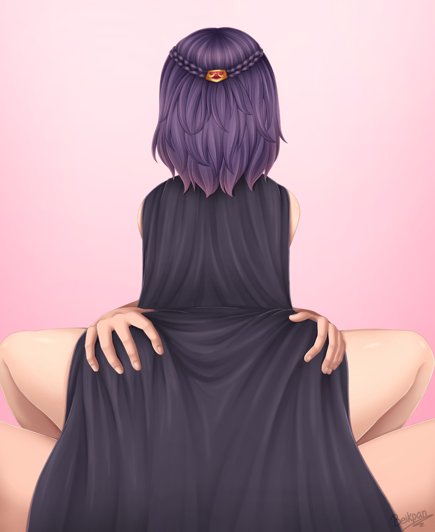 1girls ass ass_grab black_cape braid braided_hair cape cowgirl_position fault_milestone female implied_sex naked_cape purple_hair riding ritona_reighnvhasta straddling