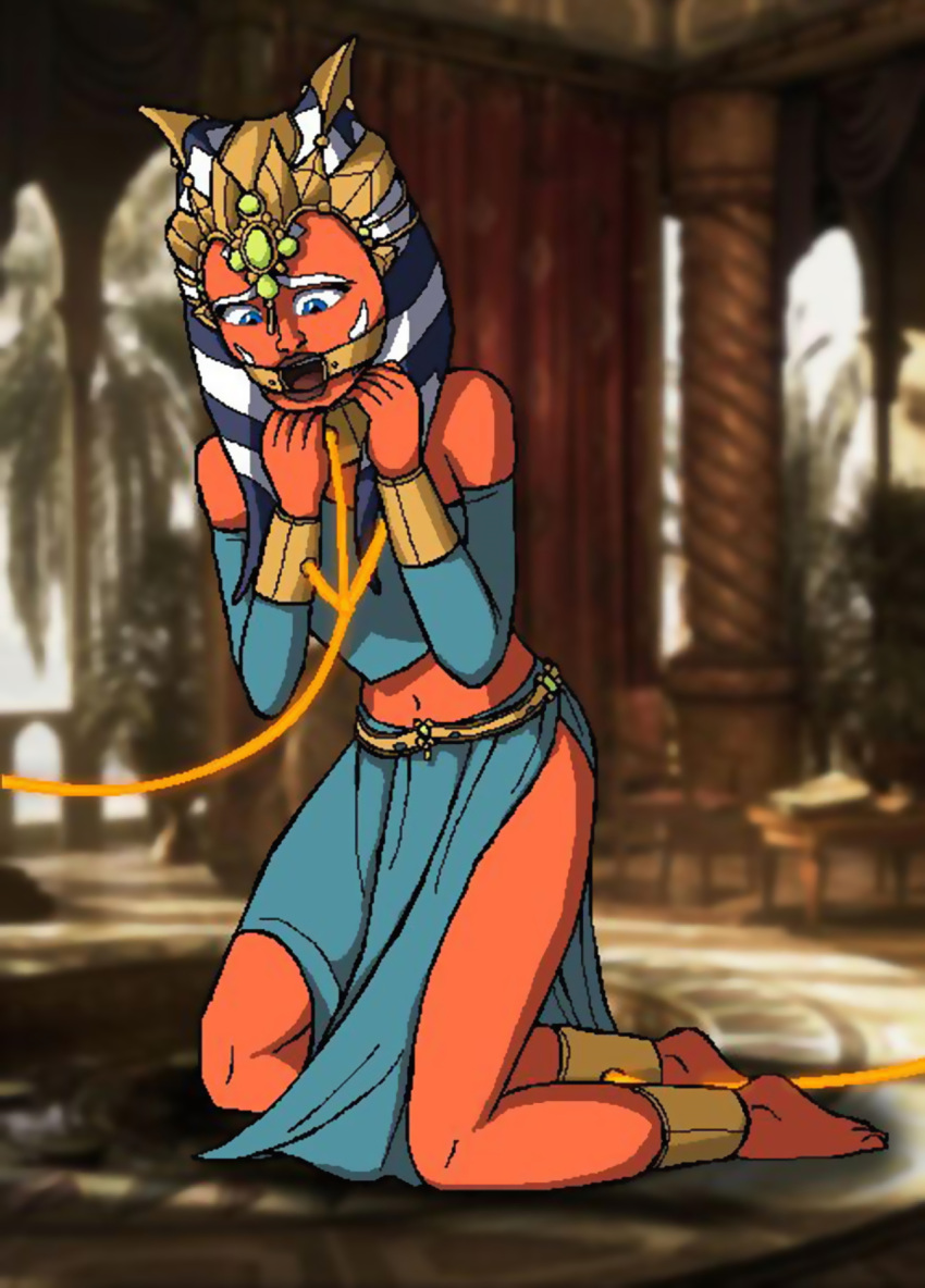 1girls 2021 ahsoka_tano alien alien_girl ankle_cuffs background bare_legs bare_shoulders barefoot belly blue_clothing blue_eyes blurry blurry_background bondage bound_legs bound_wrists clone_wars clothed clothed_female clothing collar cuffs edit eyes facial_markings feet female female_only femsub forced gag gagged gem handcuffs headgear headwear horn humanoid indoors jewelry kneeling leash legs looking_down lucasfilm manacles markings midriff navel open_eyes open_mouth open_mouth_gag orange_body palace peytell ring_gag sad scared science_fiction sex_slave shirt shocked side_view skirt slave slave_ahsoka slave_outfit sleeveless sleeveless_shirt solo star_wars stomach submissive submissive_female tentacle tentacle_hair the_clone_wars:_season_four togruta wrist_cuffs zygerria