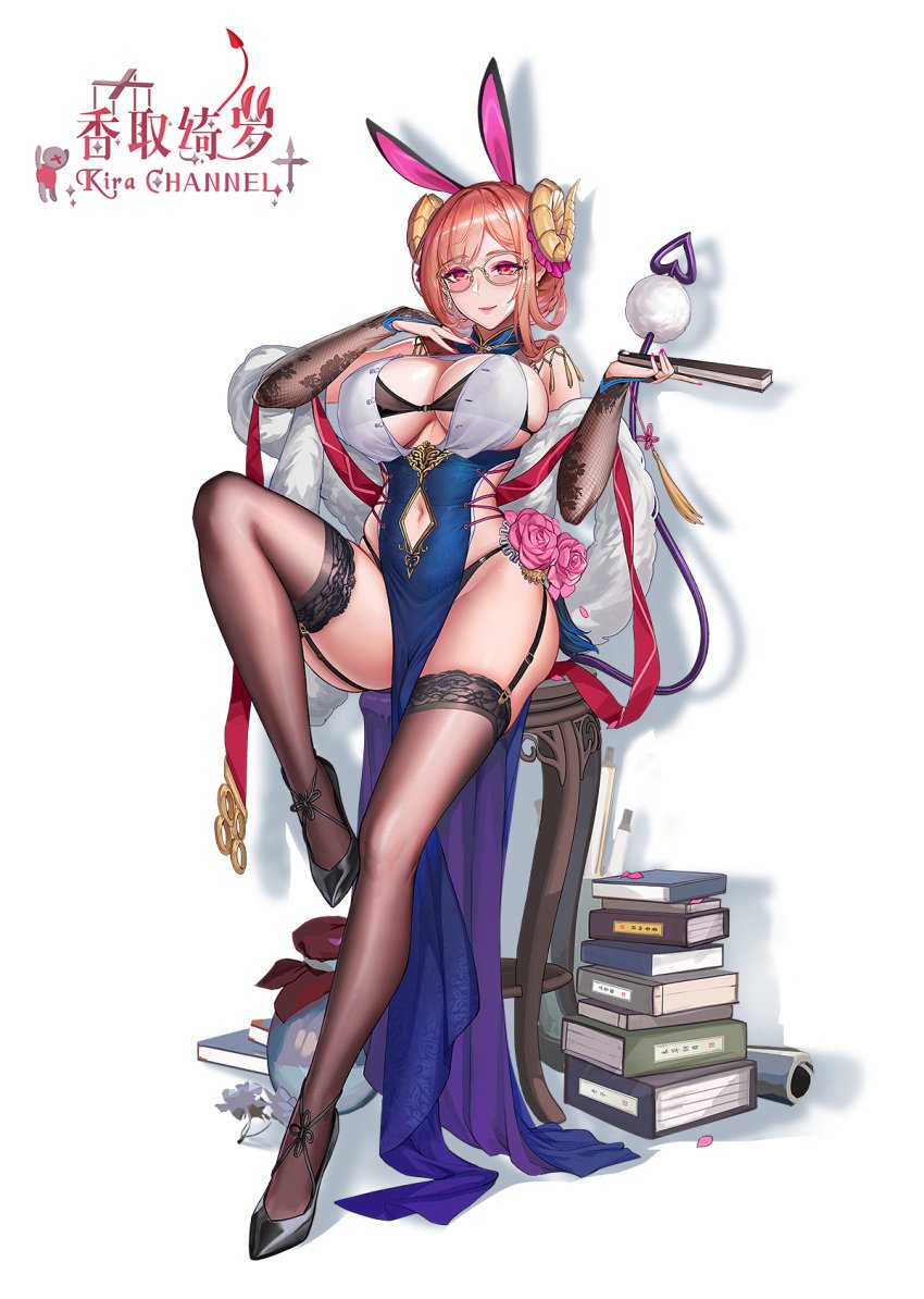 books breasts bunny_ears character_request cleavage garter_straps glasses gloves horns lace-trimmed_thighhighs large_breasts legs legwear long_gloves long_hair ornament tagme tagme_(character) tsuki_no_i-min underboob