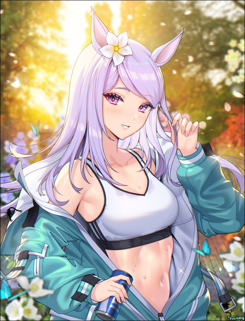 1girls abs athletic blush choney clothing fit fit_female flower looking_at_viewer mejiro_mcqueen_(umamusume) pony_ears ponygirl smile smiling sweat sweating tank_top umamusume