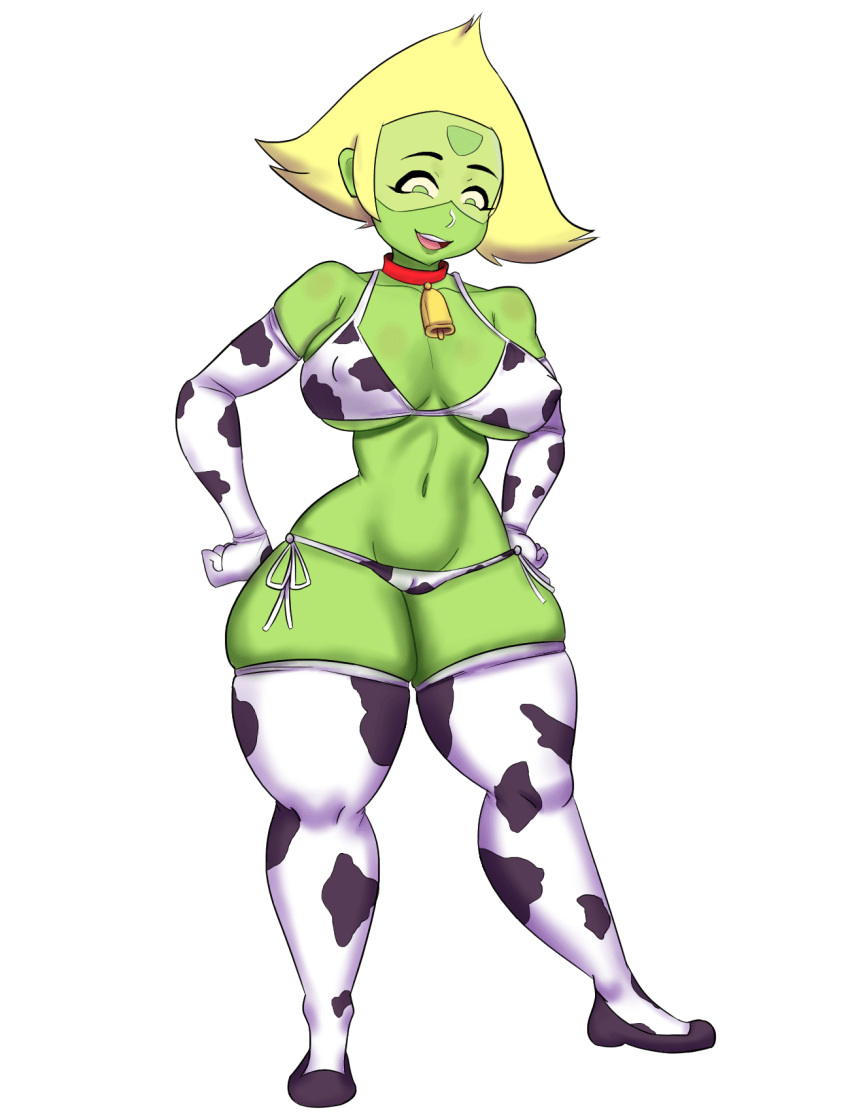 animated armwear belly_button bra breasts cartoon_network cow_print cowbell dialogue dogiflan gem_(species) green_eyes green_skin hair imminent_milking large_breasts legwear nipple_bulge peridot_(steven_universe) shoes steven_universe thick_thighs thong visor yellow