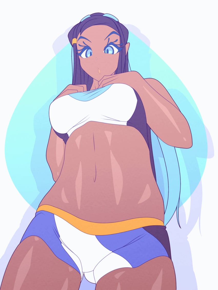 1girls animated ass blue_eyes butt buttfang colored_hair dancing dark-skinned_female dark_skin female female_only gif gym_leader holding_breast human human_only navel nessa_(pokemon) nintendo pokemon pokemon_ss shiny_skin shorts solo solo_female swimwear theobrobine thick_thighs thighs