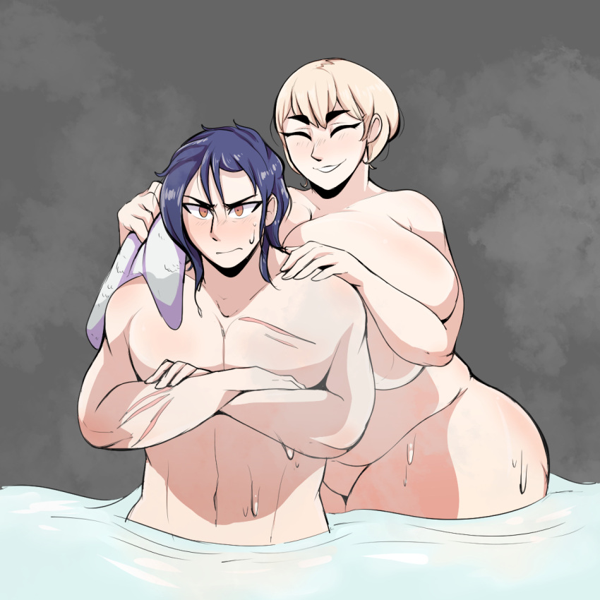 1boy 1boy1girl 1girls bath bathing bluueygooey breasts breasts_bigger_than_head cleavage completely_nude dripping felix_hugo_fraldarius female fire_emblem fire_emblem:_three_houses group_bathing huge_breasts intelligent_systems male massive_breasts mature_female mercedes_von_martritz milf nintendo nude nude_female nude_male post-timeskip steam steamy thick_thighs voluptuous washing water