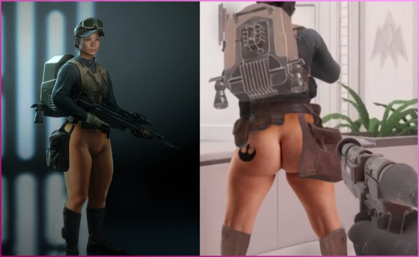 1girls 3d ass bag big_ass boots bottomless eyewear_on_head gloves goggles goggles_on_head gun hat jetpack long_sleeves partially_clothed pussy rebel_rocket-jumper short_hair star_wars star_wars:_battlefront_2 tattoo tattoo_on_butt thick_thighs uniform utility_belt