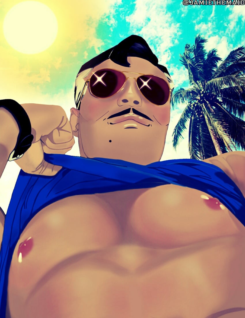 bara coco_(movie) dark-skinned_male disney ernesto_de_la_cruz jamiethemaid male_only outdoors pixar shirt_lift sunglasses