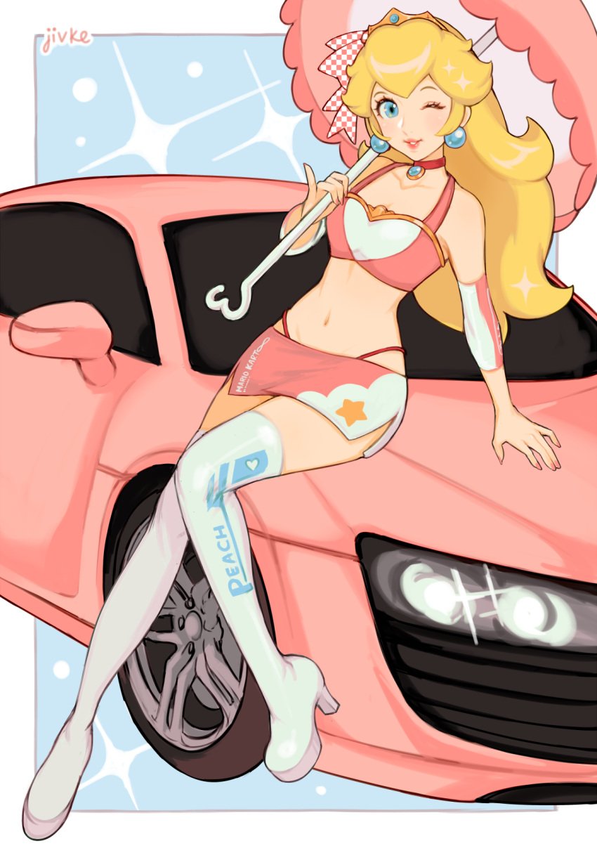 1girls against_car blonde_hair blue_background blue_eyes car clothing female female_only full_body fully_clothed heels high_heel_boots high_heels jivke long_hair mario_(series) midriff nintendo one_eye_closed princess_peach race_queen simple_background smile solo standing thong_above_skirt thong_straps umbrella white_border wink