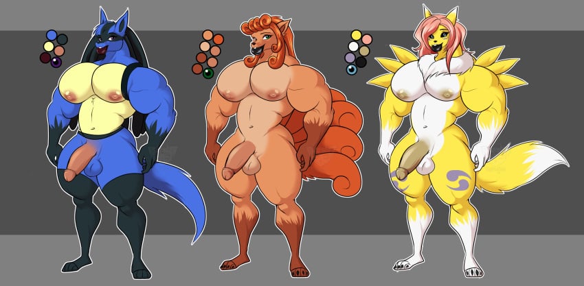 2021 absurd_res anthro balls big_breasts big_muscles big_penis black_nose breasts canid canine canis crossover digimon digimon_(species) fluffy fluffy_tail fox fur futanari genitals gynomorph hair hi_res intersex jackal long_hair long_tail lucario mammal markings muscular muscular_gynomorph muscular_intersex nintendo nipples penis pink_hair pokemon pokemon_(species) puffy_nipples ratchetjak renamon thick_thighs video_games vulpix