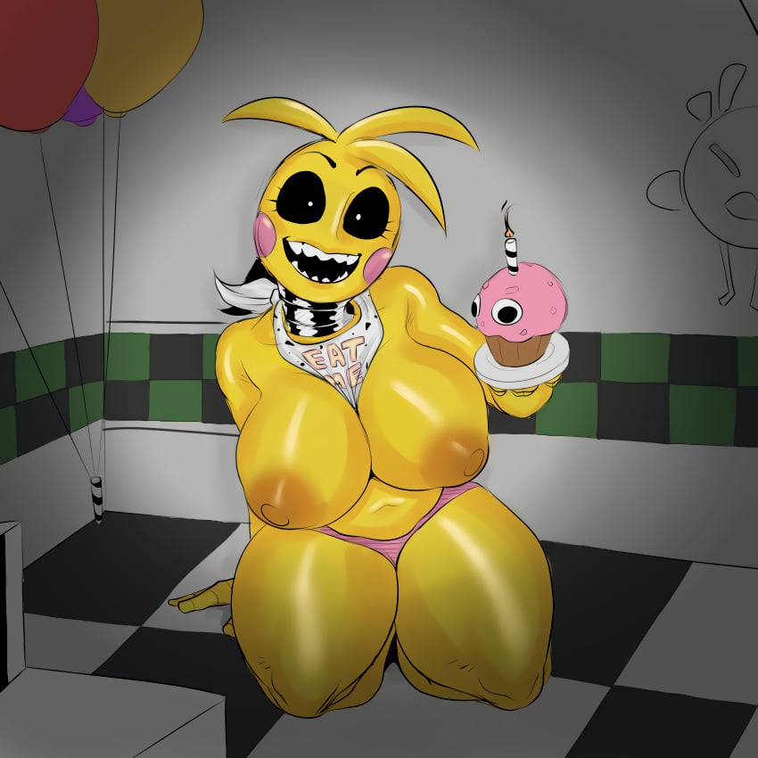 1girls animatronic anthro bib big_breasts breasts breasts_out cleavage clothing color color_edit colored cupcake cupcake_(fnaf) curvy detnox edit eyelashes female female_only five_nights_at_freddy's grey_background hi_res highres hourglass_figure huge_breasts large_breasts looking_at_viewer mostly_nude no_bra on_knees open_mouth open_smile panties partially_clothed pink_panties rainbow_sprinkles remake rosy_cheeks sharp_teeth simple_background solo solo_female teeth thick_thighs topless toy_chica_(fnaf) update updated upscale upscaled voluptuous white_pupils yellow_body