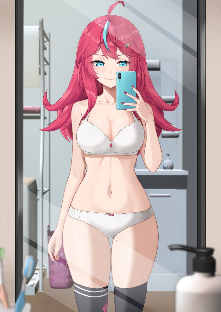 blue_eyes bra elaine_(vtuber) hairclip hi_res highres kometa_virtual_live lazycoffee medium_breasts midriff mirror mirror_selfie navel panties red_hair thighhighs thighs underwear virtual_youtuber white_underwear