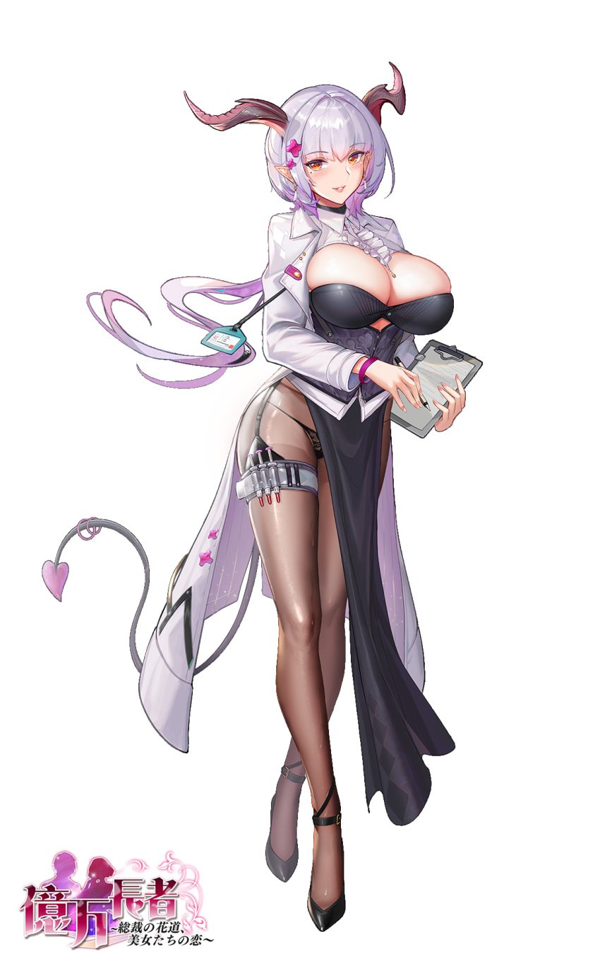 1girls 6699.jp_games blush bracelet breasts character_request cleavage demon_girl demon_tail ear_piercing elf_ears female female_focus female_only flowing_hair game_cg garter_straps hair_ornament high_heels horns japanese_text large_breasts legband leggings legs logo long_hair looking_at_viewer millionaire-governor's_flower_road_love_of_beautiful_women notepad nurse nurse_uniform orange_eyes overflowing_breasts panties pen pink_hair pointy_ears syringe tagme tagme_(character) tail tsuki_no_i-min watermark white_background