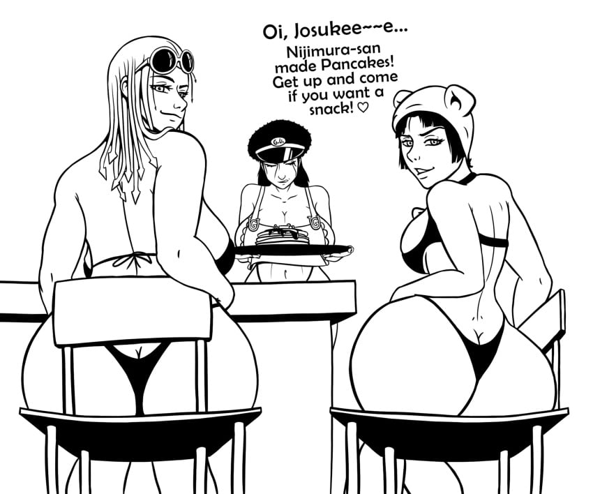 3girls angry animal_ears ass_cleavage back_view backboob big_ass big_breasts breakfast butt_crack chair daiya_higashikata female from_behind from_below hato_higashikata hourglass_figure huge_ass huge_breasts jojo's_bizarre_adventure jojolion josuke_higashikata_(jojolion) kei_nijimura kitchen leaning leaning_on_elbow looking_at_viewer looking_down maid multiple_girls nutkingcall pancake police_hat presenting serving_breakfast serving_food showing_ass siblings sideboob sisters sitting sitting_on_chair snack sunglasses sunglasses_on_head swimsuit teasing thong turning_head underwear