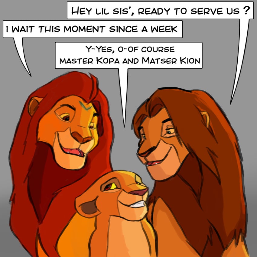 1girls 2boys anthro big_dom_small_sub domination female feral hetero heterosexual imminent_incest kiara kion kopa_(the_lion_king) male master size_difference the_lion_guard the_lion_king virginieduku