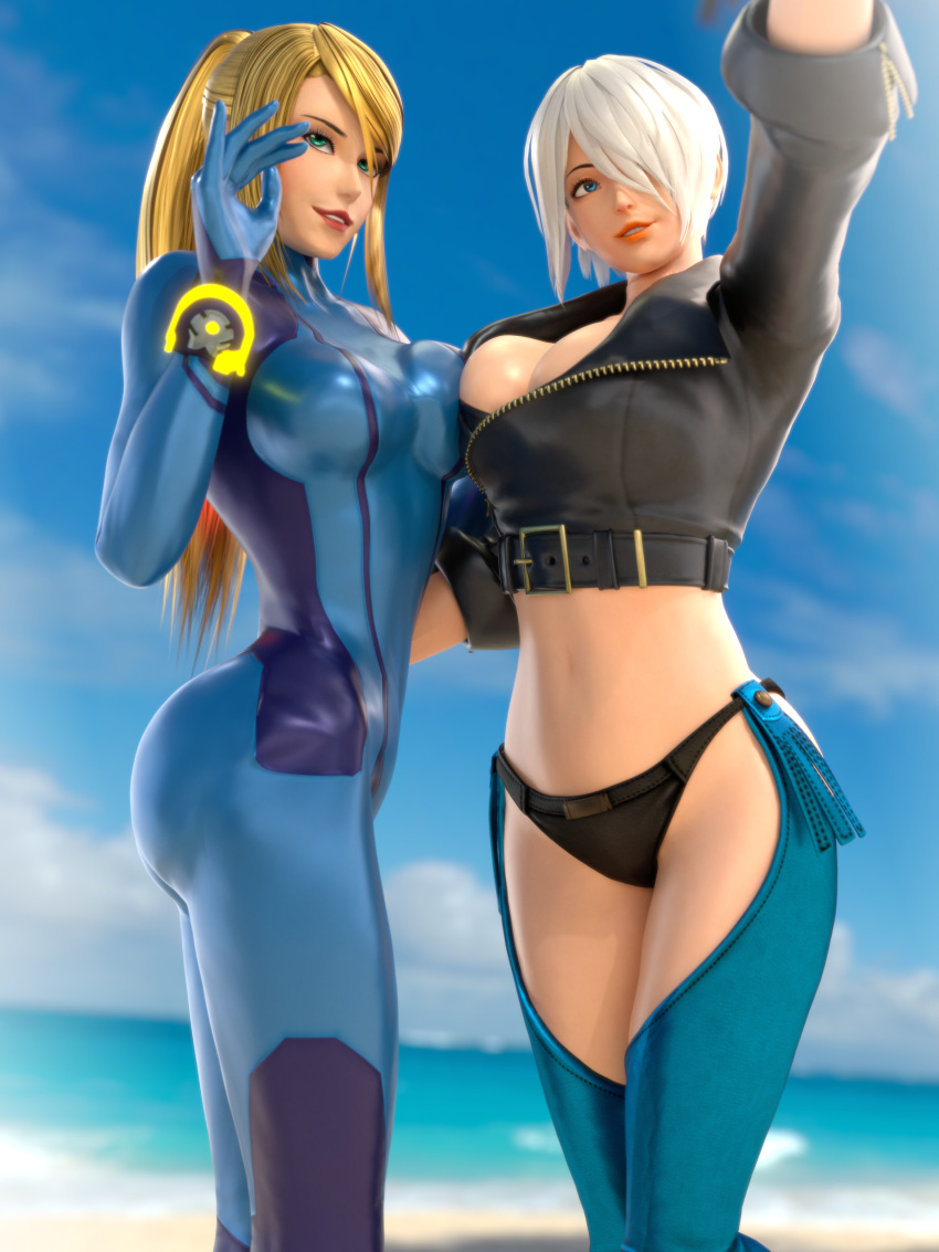 2girls 3d adeptusinfinitus angel_(kof) ass beach big_breasts blender blonde_hair blue_eyes bodysuit breasts cleavage crossover female green_eyes hair_over_one_eye king_of_fighters large_breasts latina leather_jacket metroid mexican midriff ponytail samus_aran smile white_hair zero_suit zero_suit_samus