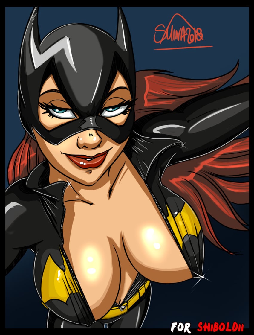 1girls barbara_gordon batgirl batman_(series) batmetal big_breasts black_clothing bodysuit bulge cleavage dc dc_comics eyelashes happy latex_suit lips lipstick long_eyelashes looking_at_viewer nipple_bulge open_bodysuit open_clothes pinup red_lipstick shina_(artist) shiny_skin smile solo_female unzipped unzipped_bodysuit zupper