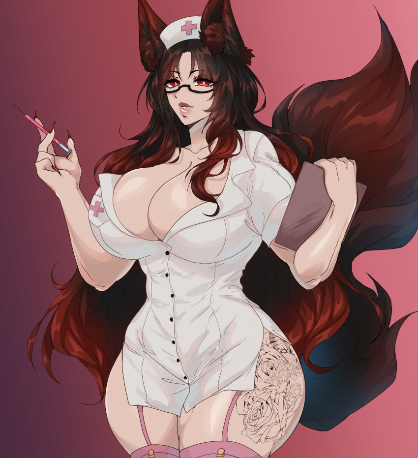 elyunae large_breasts monster_girl nurse syringe tattoo thick_thighs