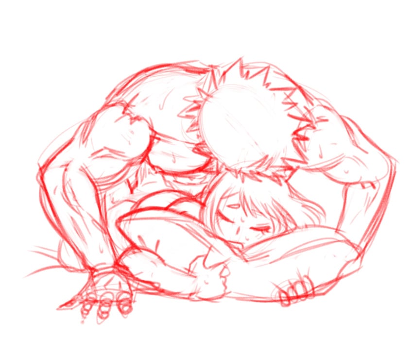 1boy 1boy1girl deb_amm debby-san eyes_closed female from_above hetero holding_pillow katsuki_bakugou male male/female muscular muscular_male my_hero_academia ochako_uraraka on_stomach pillow_grab straight