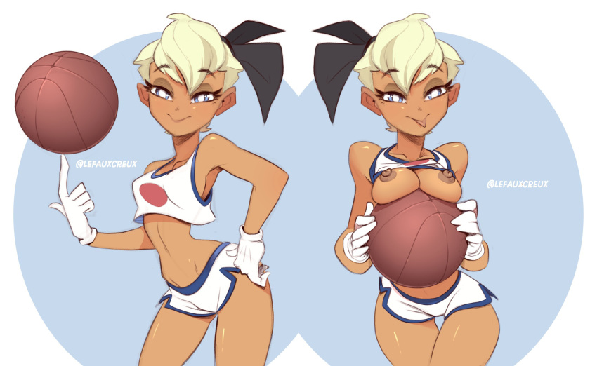 areolae bare_midriff basketball basketball_uniform big_breasts blonde_hair blue_eyes breasts breasts_out busty creux crop_top female female_focus female_only gloves hairbow hourglass_figure humanized lola_bunny looney_tunes nipples short_hair shorts solo space_jam sports_bra sports_uniform sportswear standing warner_brothers wide_hips