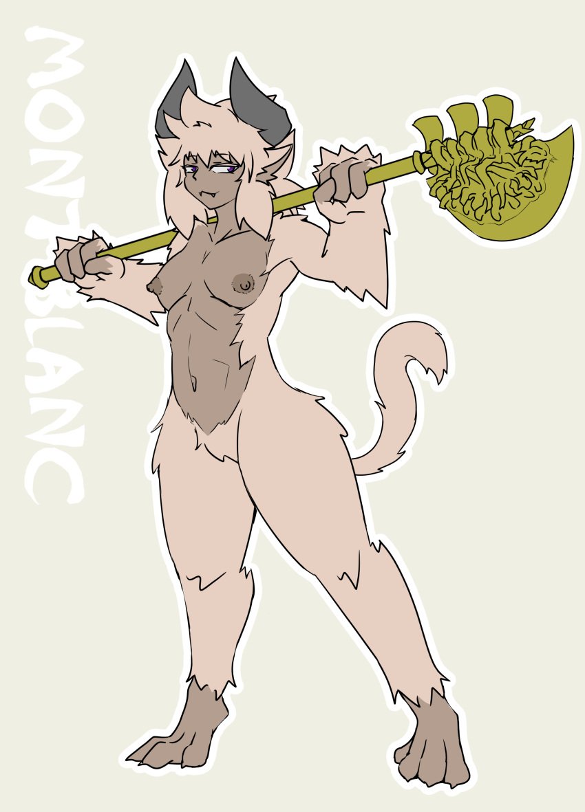 absurd_res brown_body brown_nipples brown_skin character_name female fur haplorhine hi_res holding_object holding_weapon horn horned_humanoid humanoid kiukiu mammal monkey monster_girl_(genre) nipples no_humans nude primate simple_background solo tan_body tan_fur weapon